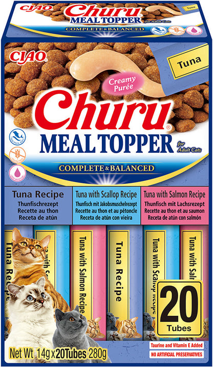 Front View of Ciao Churu 20 Pack Meal Topper for Adult Cats - Chicken with Salmon & Chicken with Pumpkin Variety - 20 x 14g