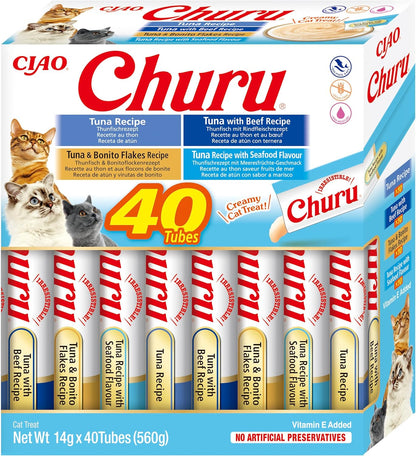 Front View of Ciao Churu 40 Pack Box Cat Treat - Tuna Varieties - 40 x 14g
