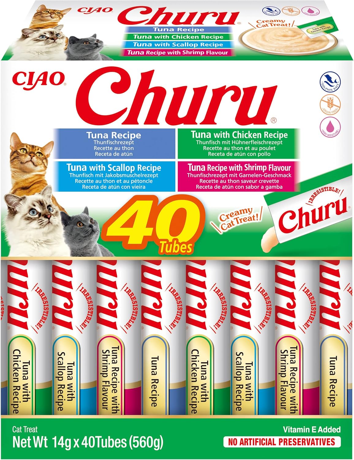 Front View of Ciao Churu 40 Pack Box Cat Treat - Tuna Seafood Variety - 40 x 14g