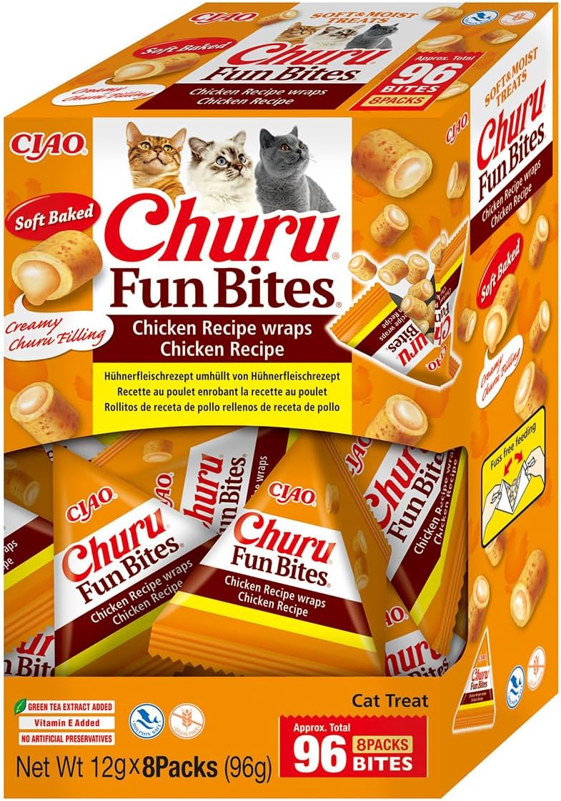 Front View of Ciao Churu Fun Bites Cat Treat - Chicken Recipe Wraps Chicken Recipe - 8 x 12g