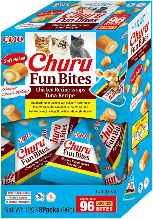 Front View of Ciao Churu Fun Bites Cat Treat - Chicken Recipe Wraps Tuna Recipe - 8 x 12g