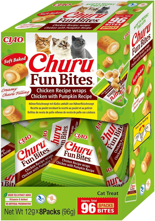Front View of Ciao Churu Fun Bites Cat Treat - Chicken Recipe Wraps Chicken with Pumpkin Recipe - 8 x 12g