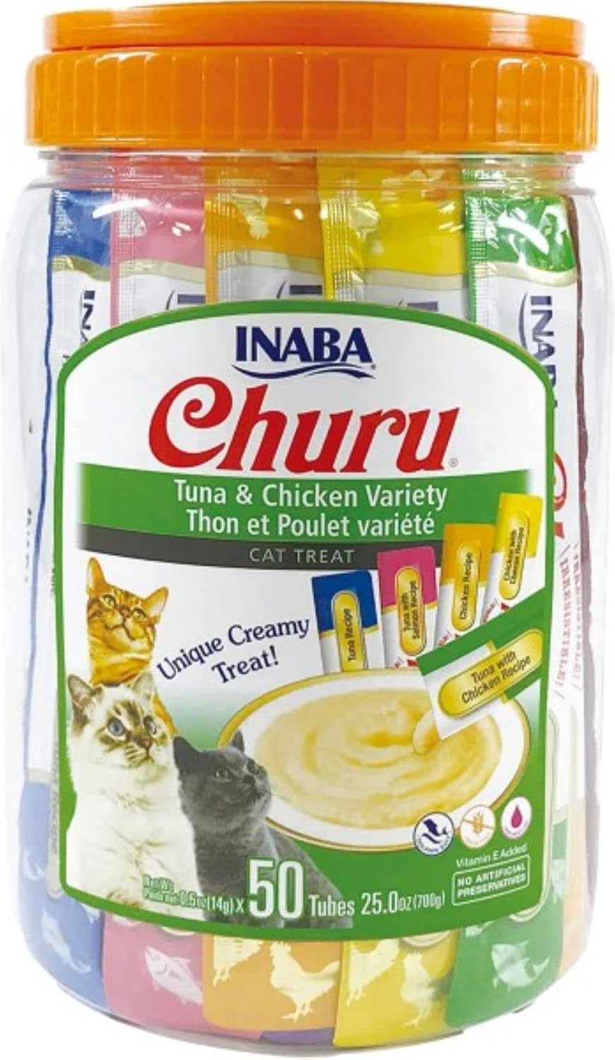 Front View of Ciao Churu 50 Pack Cat Treat - Tuna & Chicken Varieties - 50 x 14g