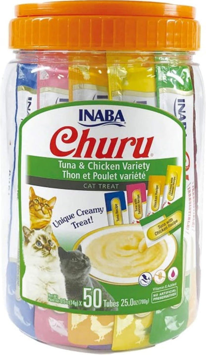 Front View of Ciao Churu 50 Pack Cat Treat - Tuna & Chicken Varieties - 50 x 14g