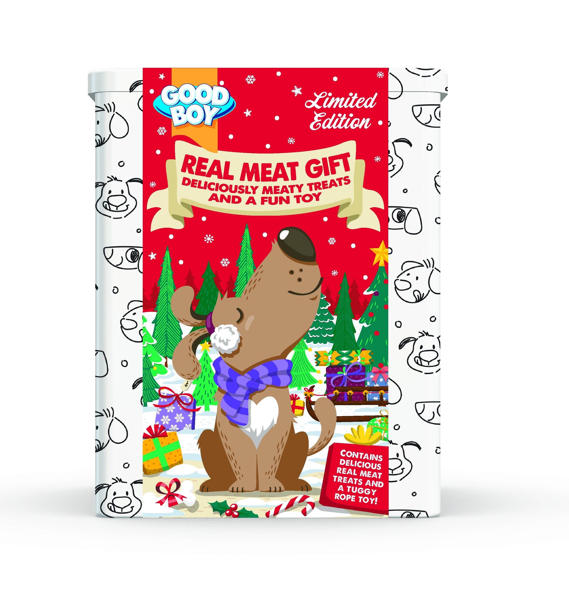 Front View of Good Boy Christmas Tin with Treats & Rope for Dogs
