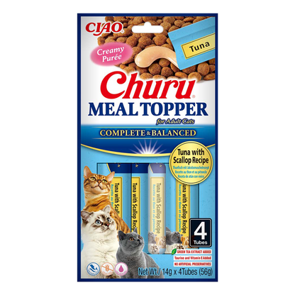 Front View of Ciao Churu Meal Topper for Adult Cats - Tuna with Scallop Recipe - 56 g