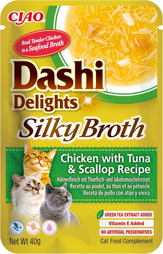 Front View of Ciao Dashi Delights Silky Broth Wet Cat Food - Chicken with Tuna & Scallop Recipe - 40 g