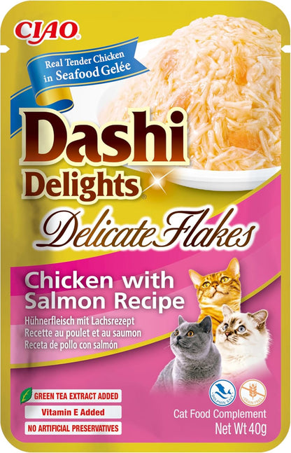 Front View of Ciao Dashi Delights Delicate Flakes Wet Cat Food - Chicken with Salmon Recipe - 40 g