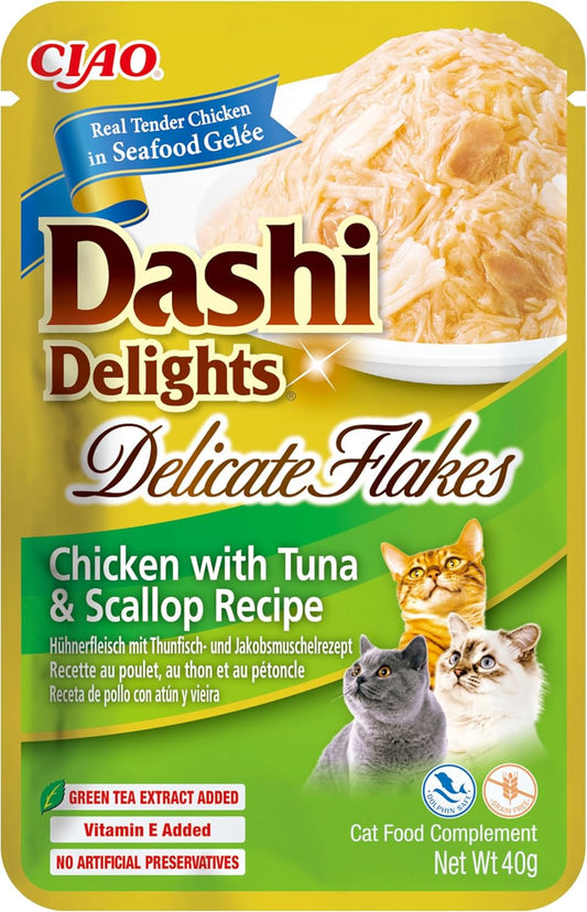 Front View of Ciao Dashi Delights Delicate Flakes Wet Cat Food - Chicken with Tuna & Scallop Recipe - 40 g