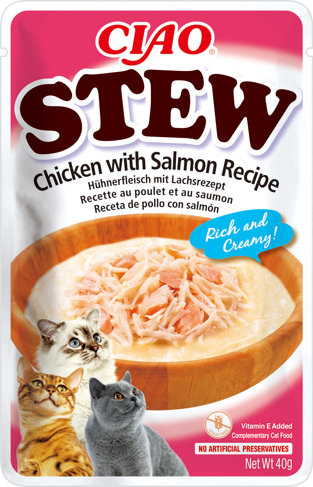 Front View of Ciao Stew Cat Treat - Chicken with Salmon Recipe - 40 g