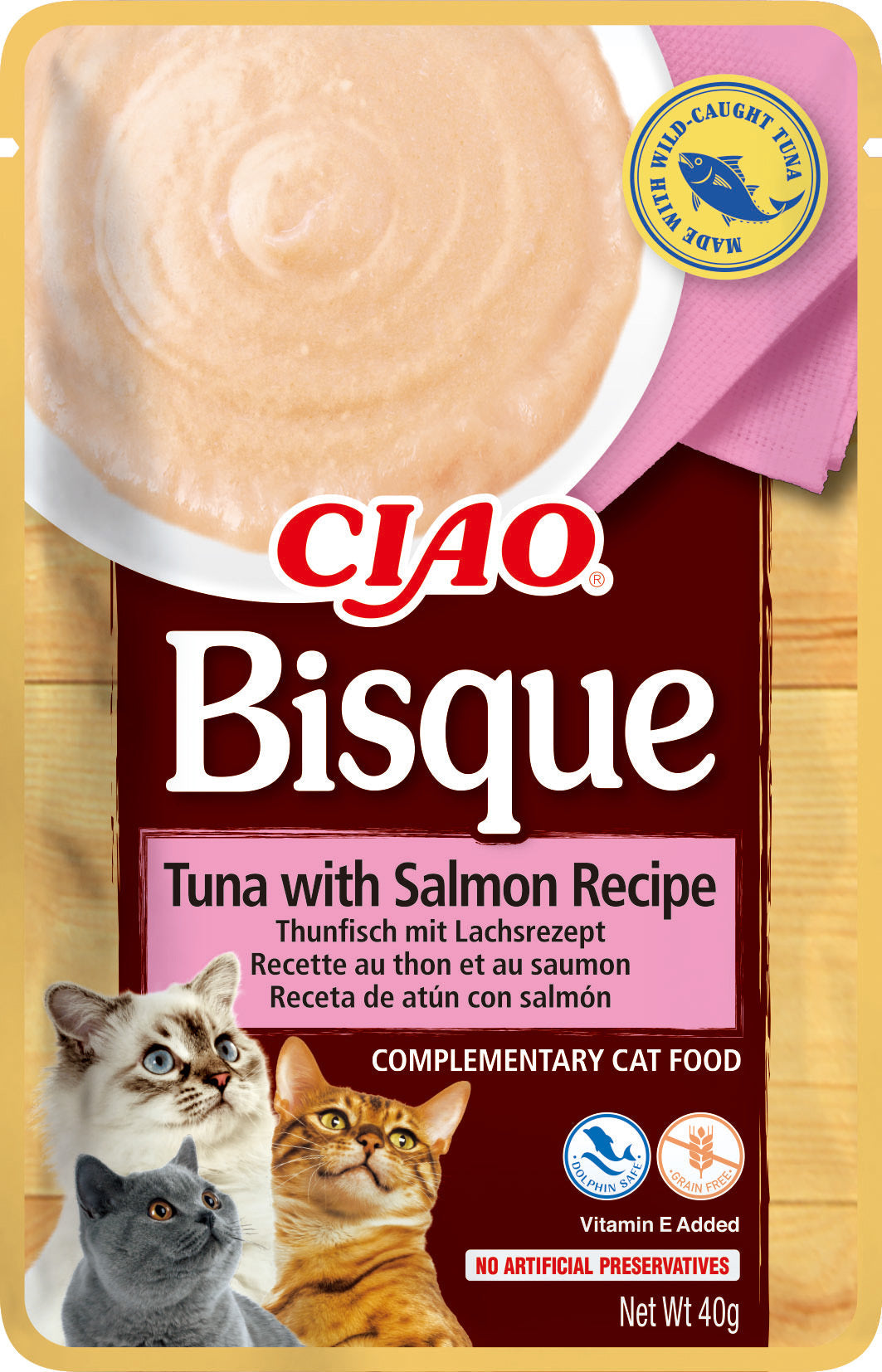 Front View of Ciao Bisque Cat Treat - Tuna with Salmon Recipe - 40 g