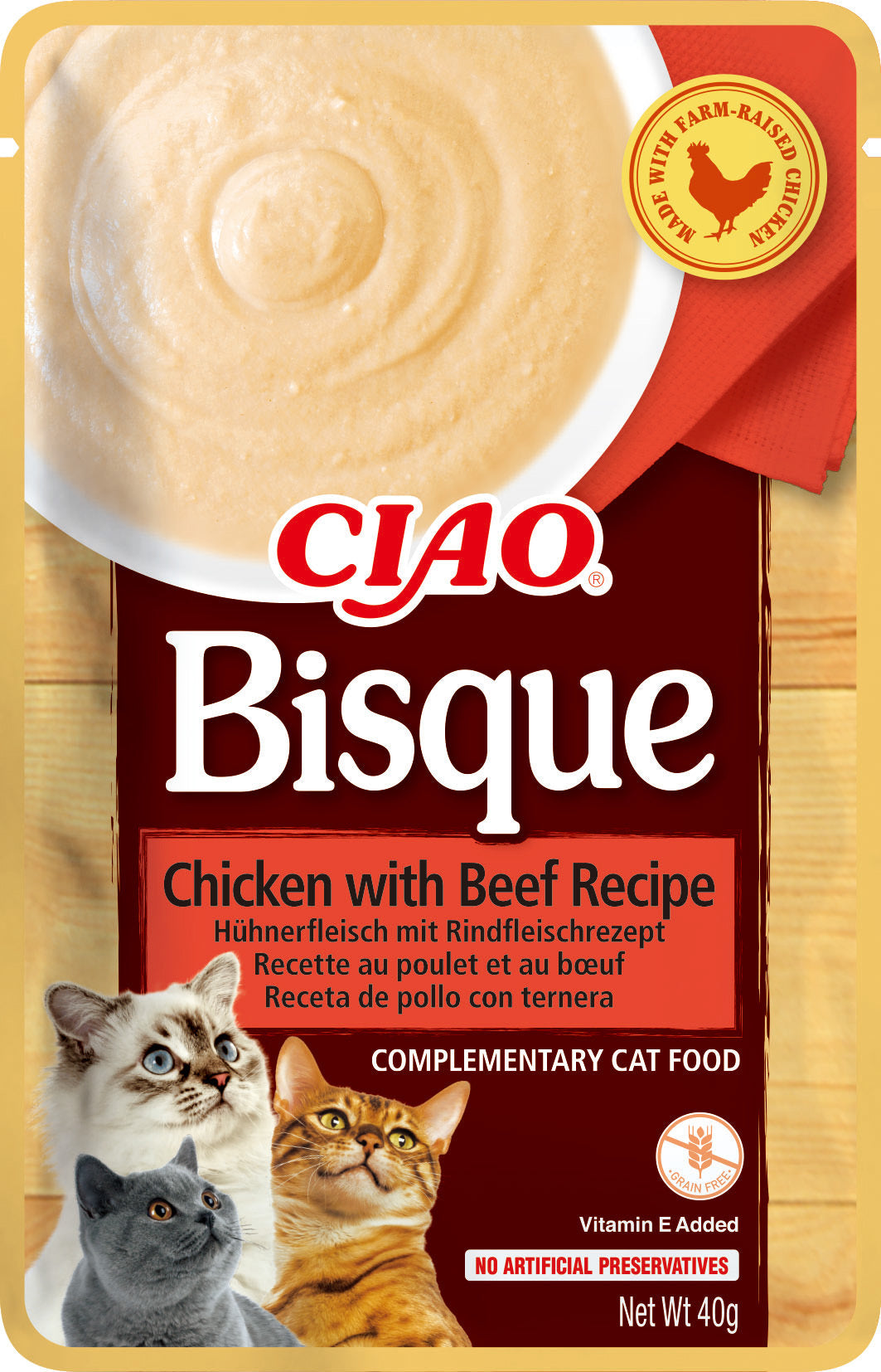 Front View of Ciao Bisque Cat Treat - Chicken with Beef Recipe - 40 g