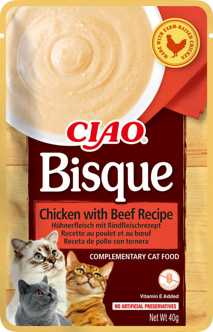 Front View of Ciao Bisque Cat Treat - Chicken with Beef Recipe - 40 g