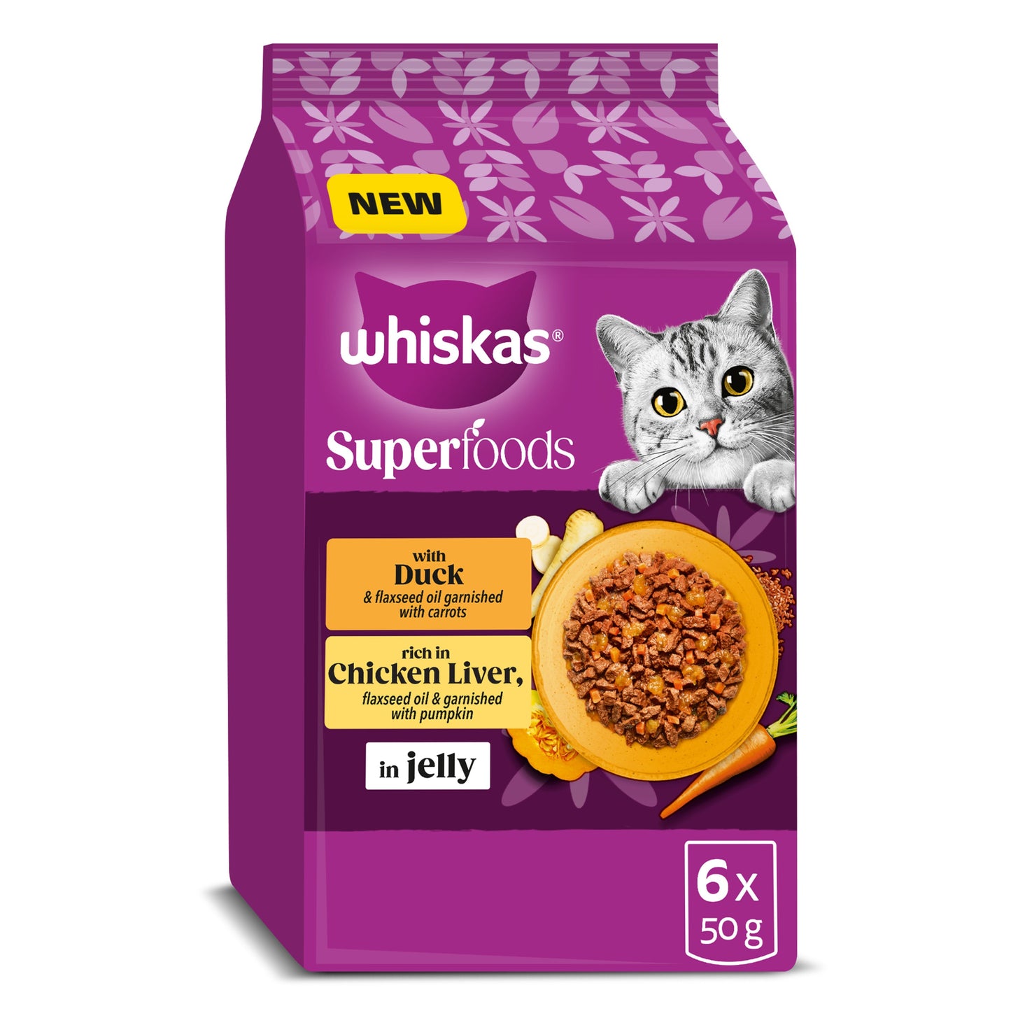 WHISKAS 1+ Superfoods Wet Cat Food Pouches with Poultry in Jelly