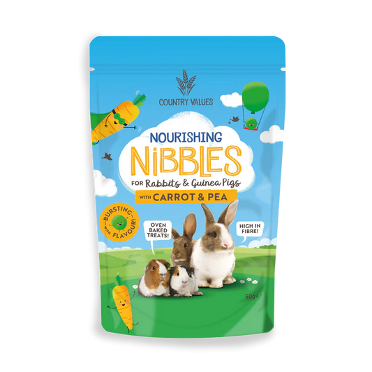 Front View of Country Values Nourishing Nibbles Treat for Rabbits & Guinea Pigs - Carrot and Pea - 60g
