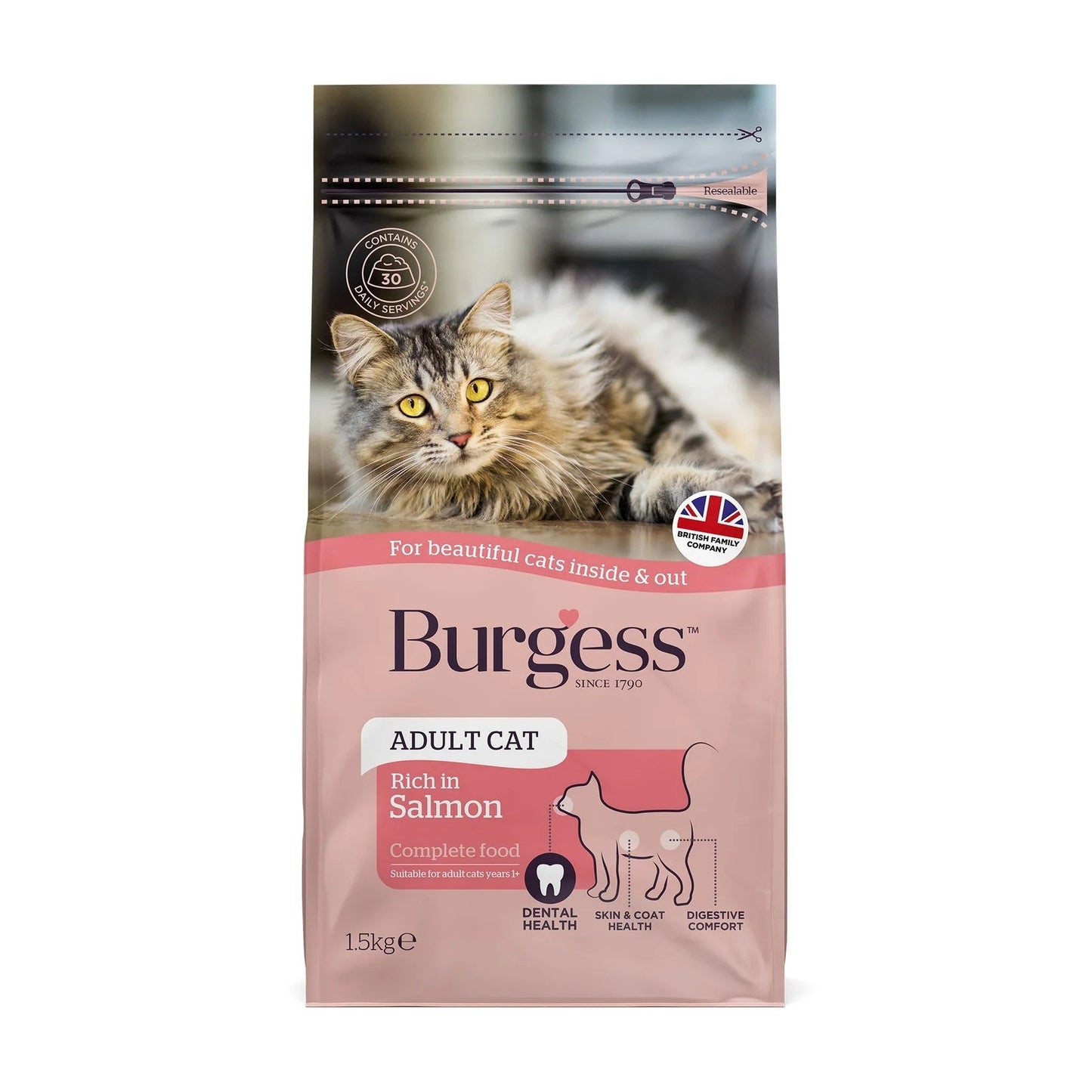 Front View of Burgess Cat Adult Rich in Salmon Dry Cat Food - 1.5kg & 4kg