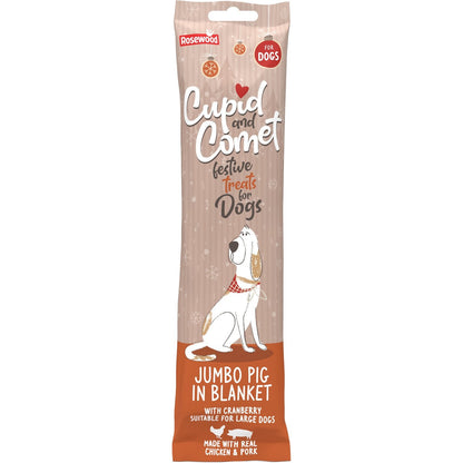 Front View of Cupid and Comet Christmas Jumbo Pig In Blanket Dog Treat - 90g