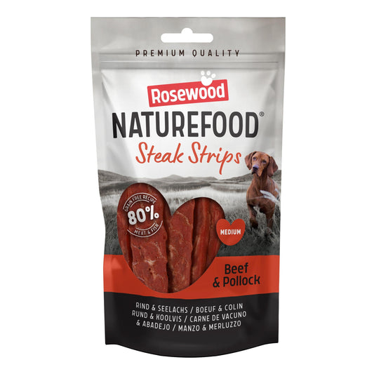 Front View of Naturefood Steak Strips Dog Treats - Beef - 100g