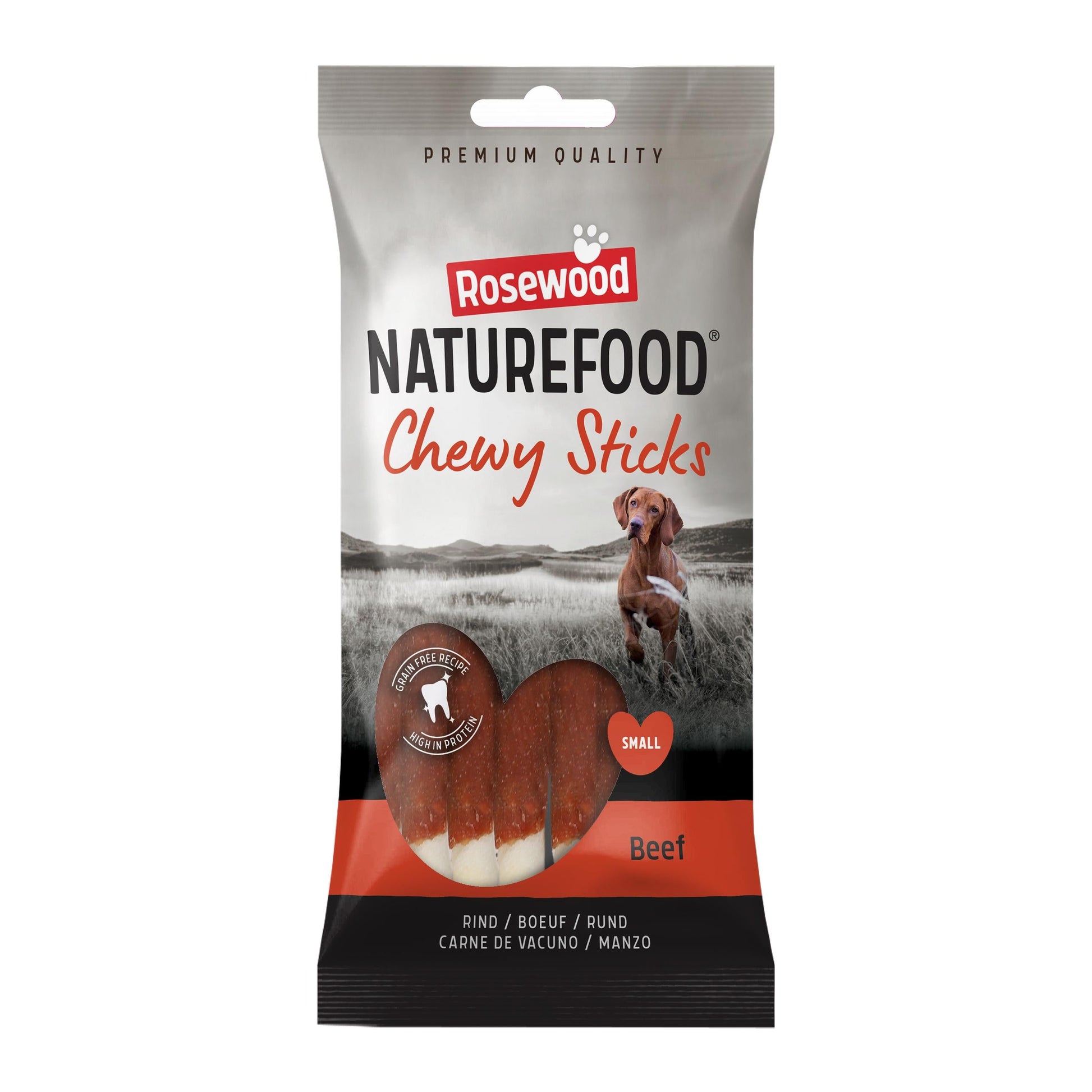 Front View of Naturefood Chewy Sticks Small Dog Treats - Beef - 72g