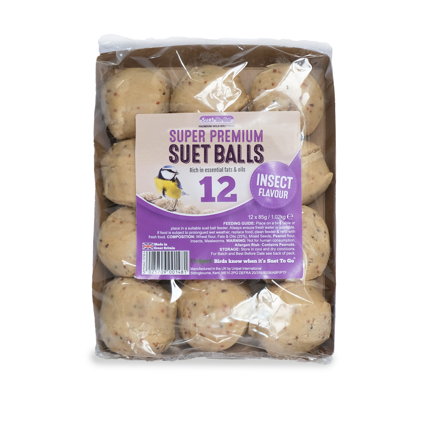 Front View of Suet to Go Suet Balls Tray Wild Bird Food - Insect - 12 x 85g