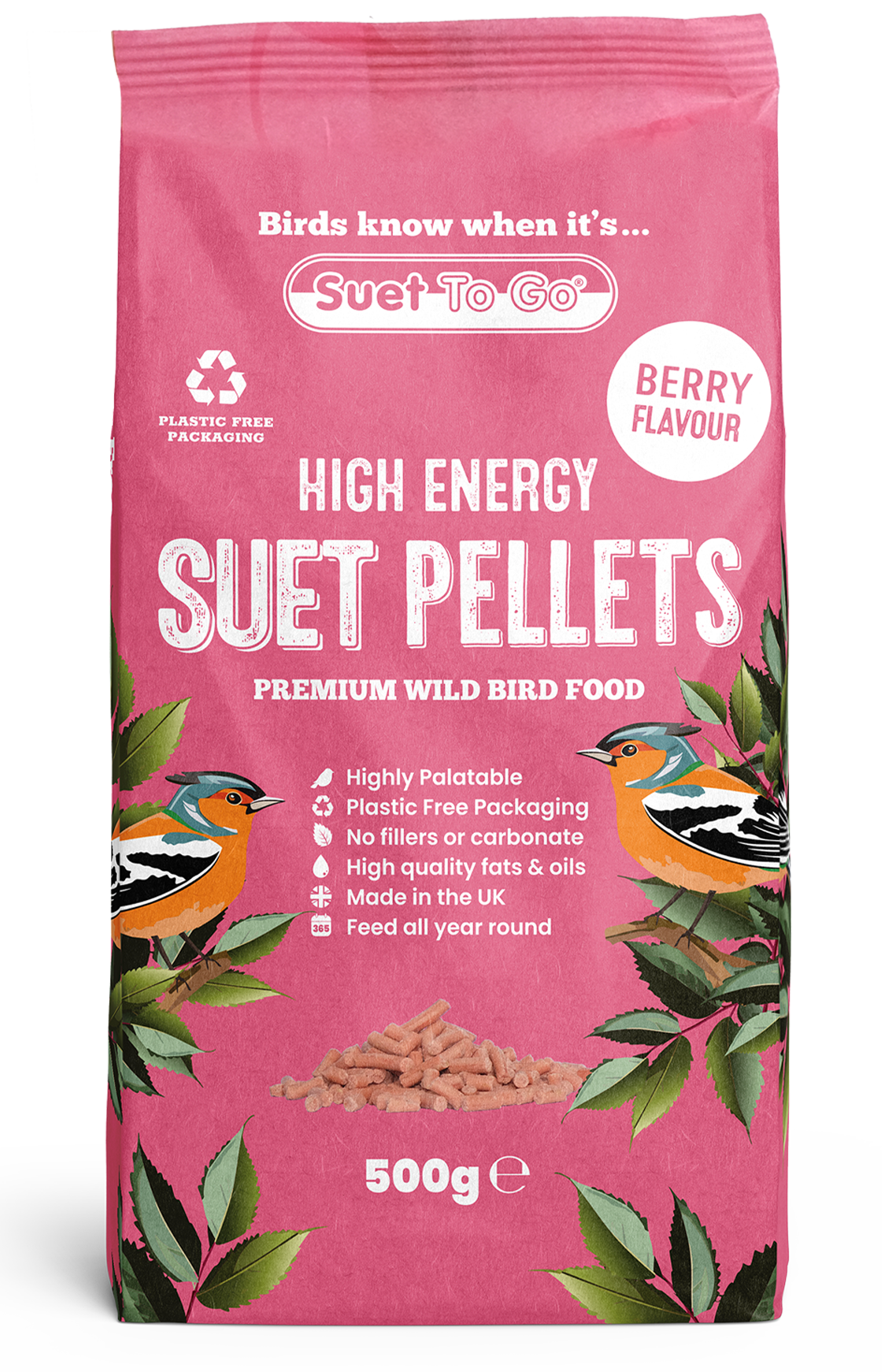 Front View of Suet to Go Suet Pellets Wild Bird Food - Berry - 500g
