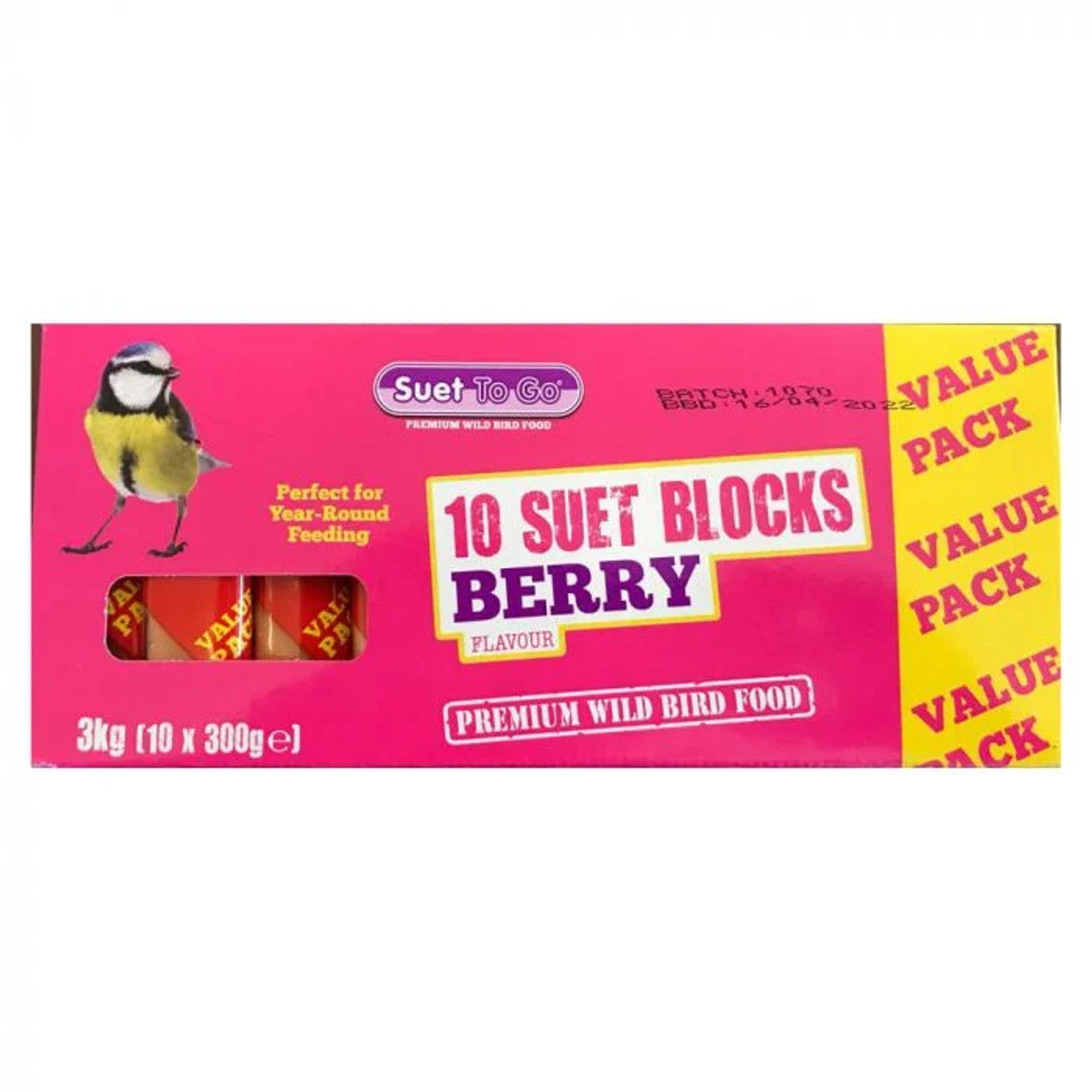Front View of Suet to Go Suet Blocks Value Pack Wild Bird Food - Berry - 10 x 280g