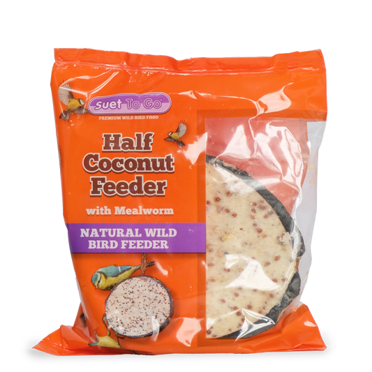 Front View of Suet to Go Suet Half Coconut Feeder Wild Bird Food - Mealworm - 10 Pack