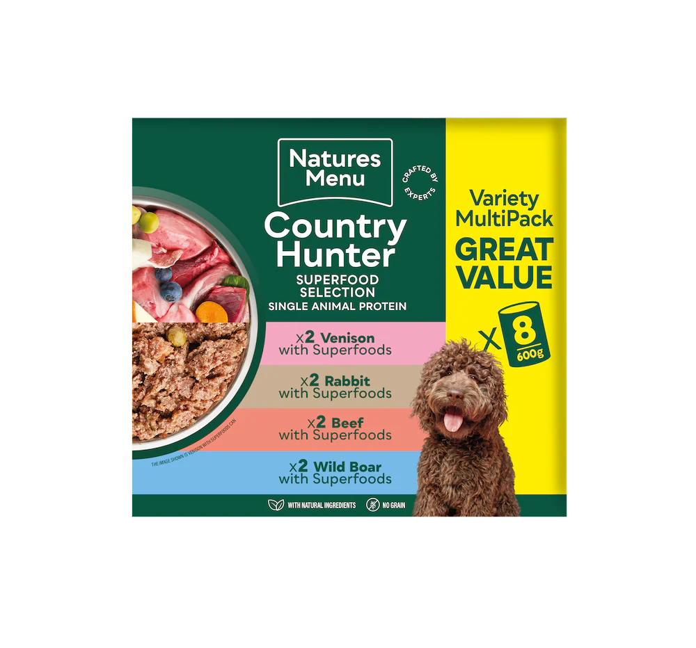 Front View of Natures Menu Country Hunter New Wild Multi Pack Wet Dog Food Cans With Venison, Rabbit, Beef & Wild Boar