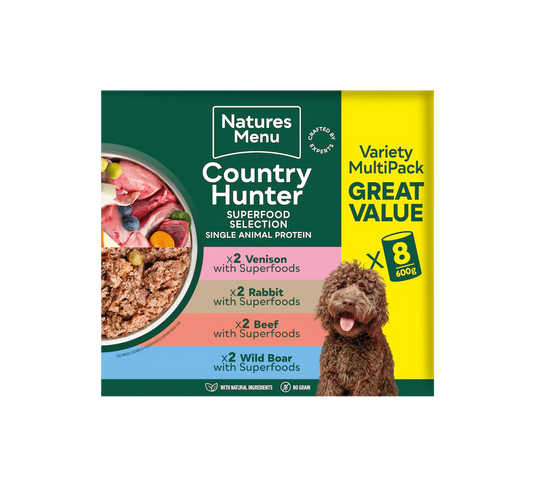 Front View of Natures Menu Country Hunter New Wild Multi Pack Wet Dog Food Cans With Venison, Rabbit, Beef & Wild Boar