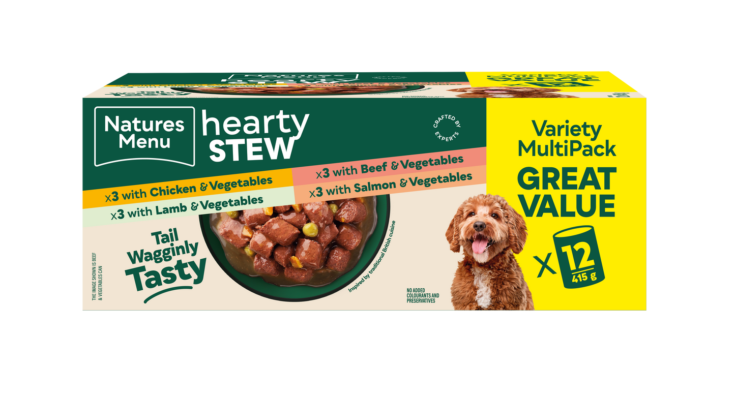 Front View of Natures Menu Hearty Stews Wet Dog Food Cans With Chicken, Lamb, Beef, Salmon & Vegetable