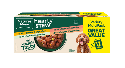 Front View of Natures Menu Hearty Stews Wet Dog Food Cans With Chicken, Lamb, Beef, Salmon & Vegetable