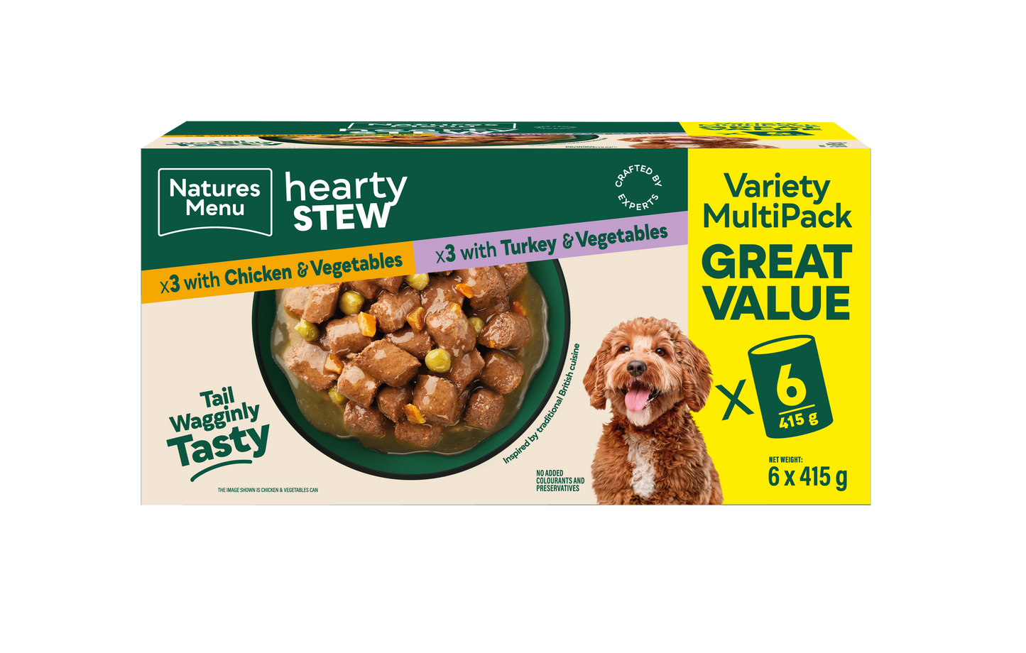 Front View of Natures Menu Hearty Stews Wet Dog Food Cans With Chicken, Turkey & Vegetable