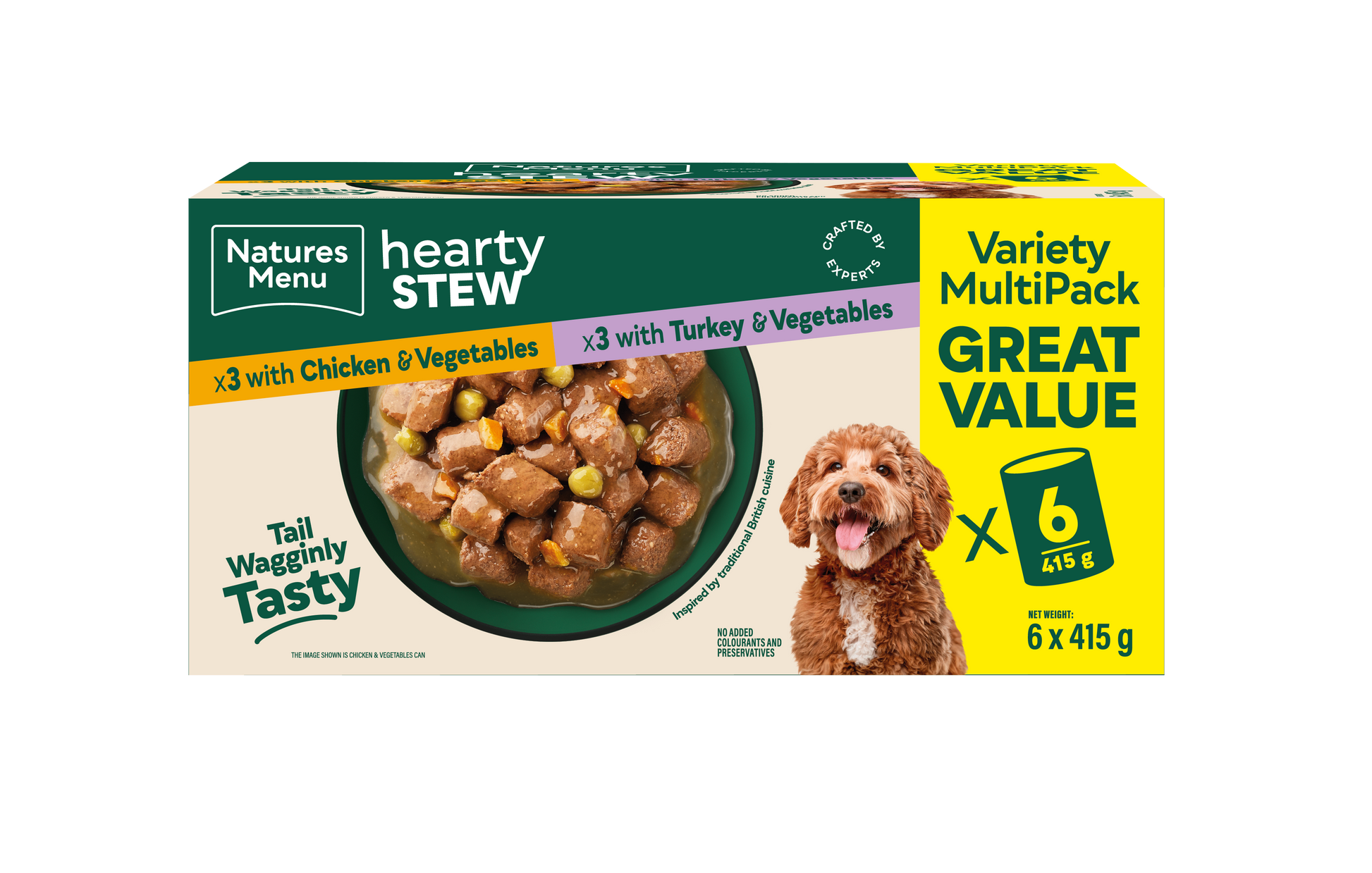 Front View of Natures Menu Hearty Stews Wet Dog Food Cans With Chicken, Turkey & Vegetable