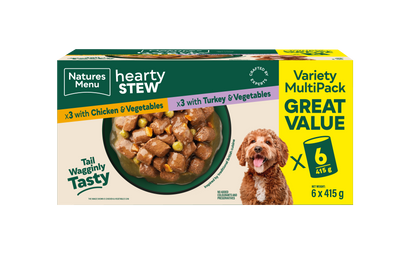 Front View of Natures Menu Hearty Stews Wet Dog Food Cans With Chicken, Turkey & Vegetable
