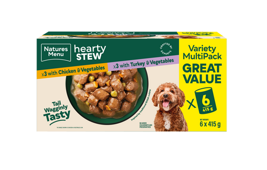 Front View of Natures Menu Hearty Stews Wet Dog Food Cans With Chicken, Turkey & Vegetable