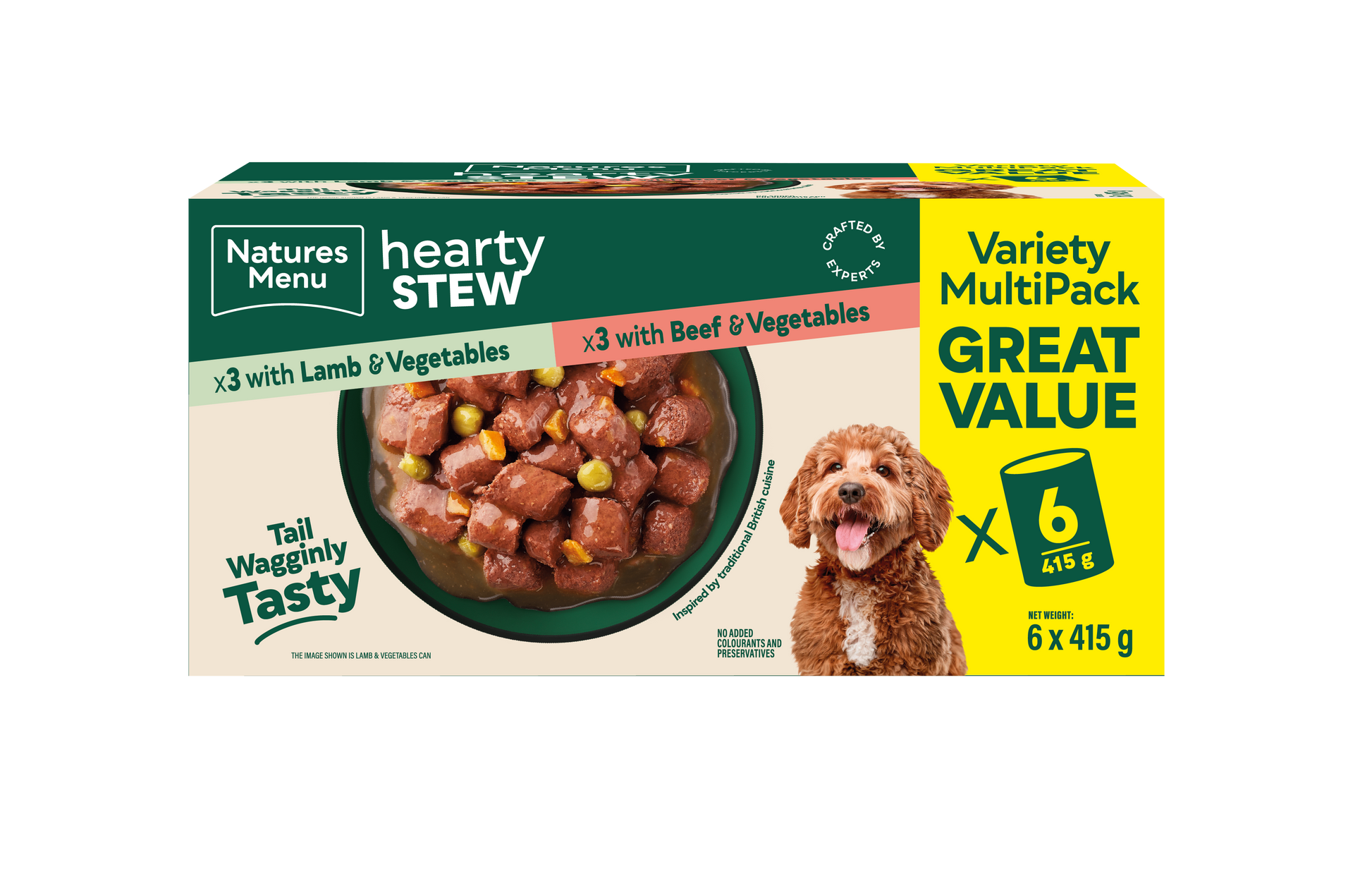 Front View of Natures Menu Hearty Stews Wet Dog Food Cans With Lamb, Beef & Vegetable