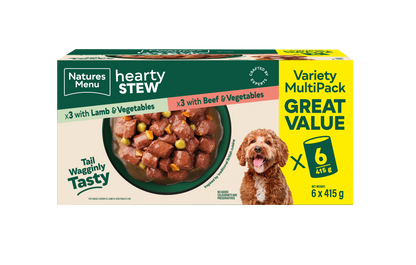 Front View of Natures Menu Hearty Stews Wet Dog Food Cans With Lamb, Beef & Vegetable