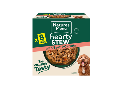 Front View of Natures Menu Hearty Stews Wet Dog Food Pouch With Beef & Vegetable