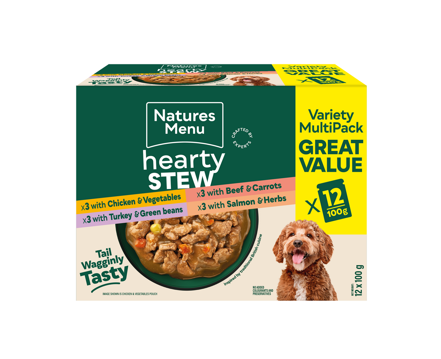 Front View of Natures Menu Hearty Stews Wet Dog Food Pouch With Chicken,Turkey, Beef, Salmon & Vegetable
