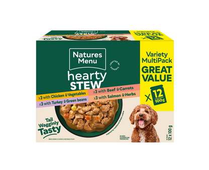 Front View of Natures Menu Hearty Stews Wet Dog Food Pouch With Chicken,Turkey, Beef, Salmon & Vegetable