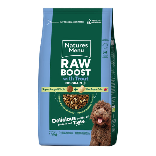 Front View of Natures Menu Freeze Dried Raw Boost Adult Dry Dog Food with Trout & Fish - 1.5kg & 3kg
