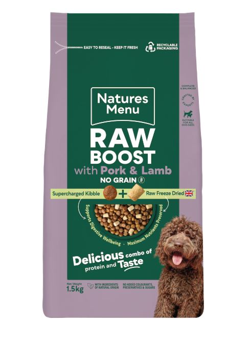 Front View of Natures Menu Freeze Dried Raw Boost Adult Dry Dog Food with Pork & Lamb - 1.5kg & 3kg