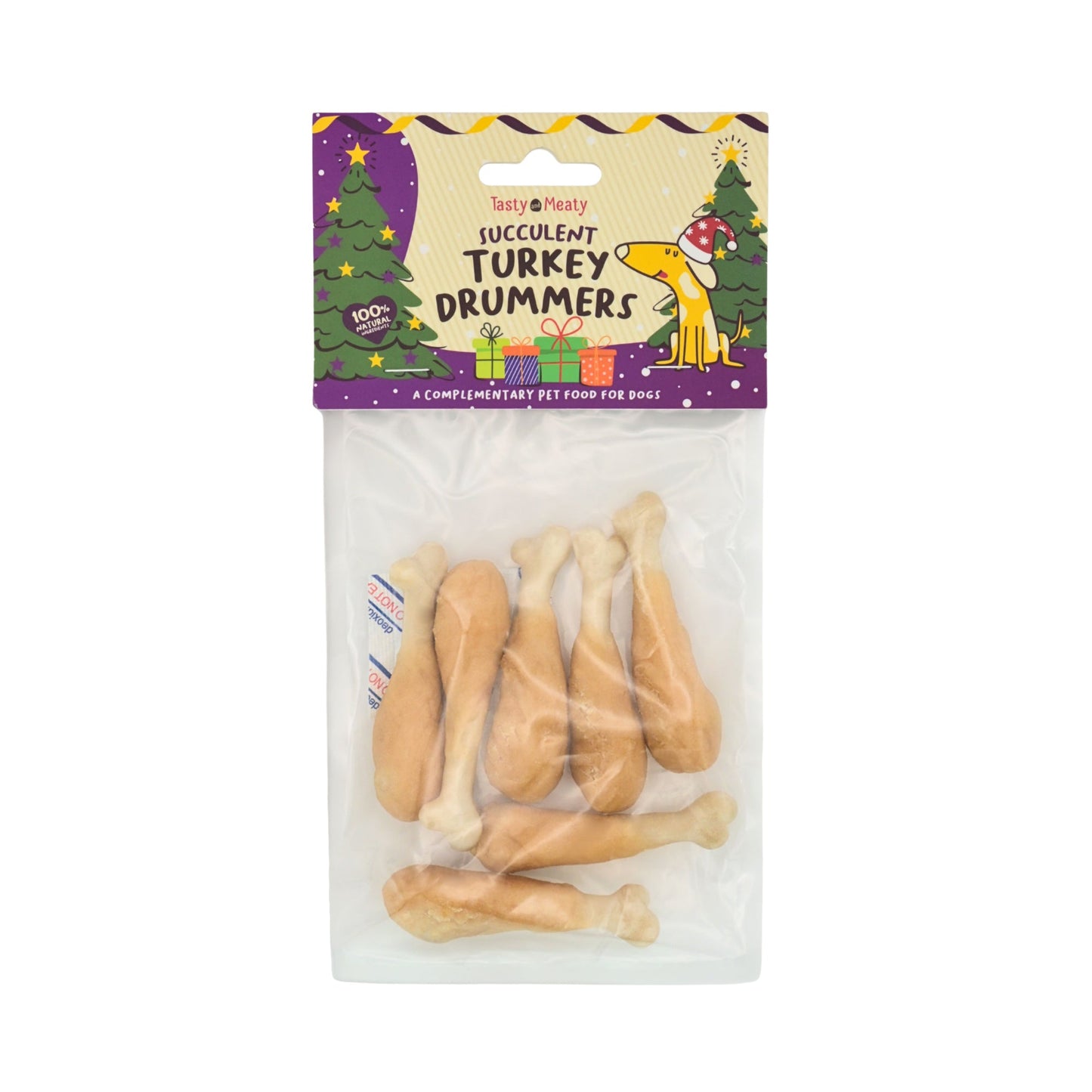 Front View of Tasty & Meaty Drummers Dog Treats - Turkey - 100g