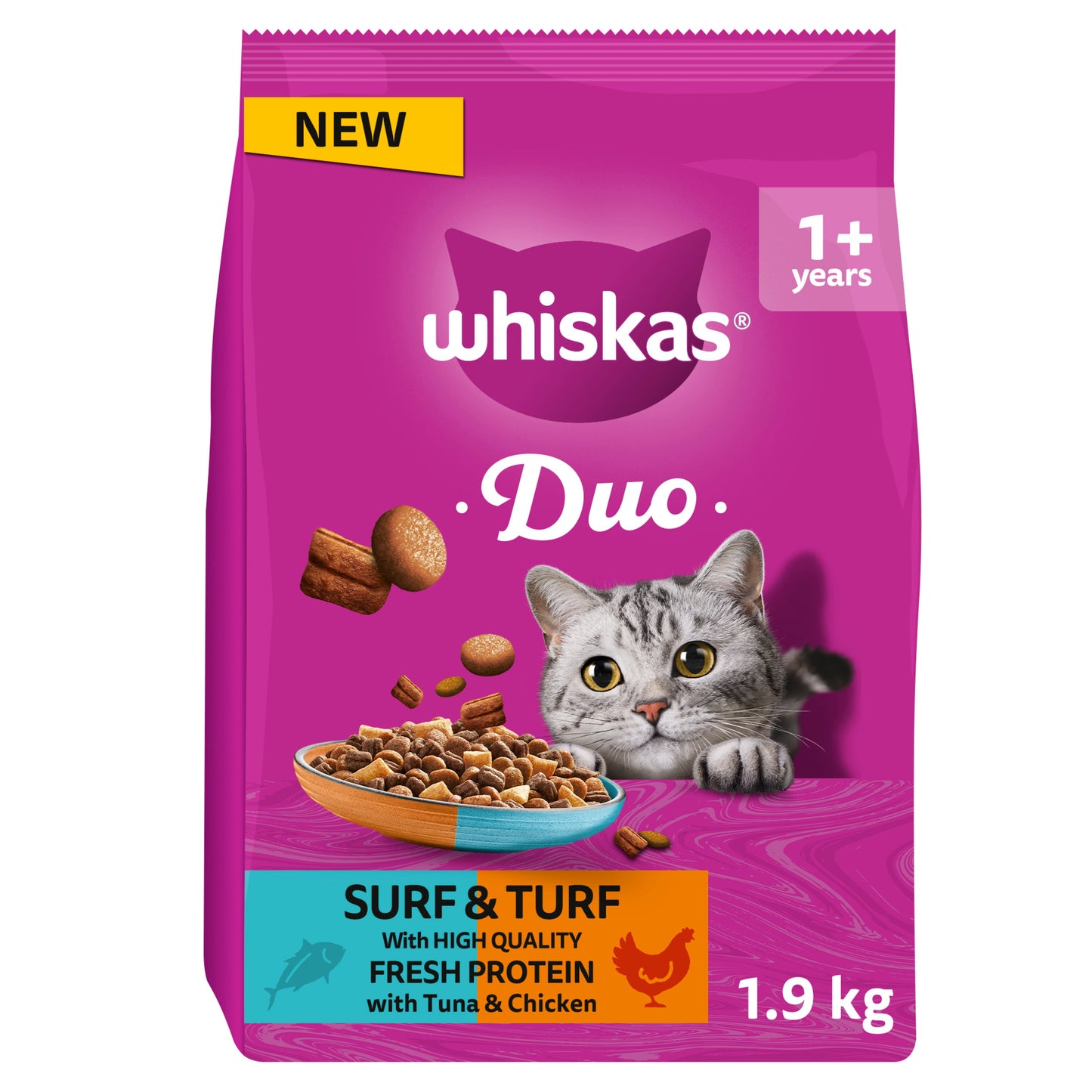 WHISKAS 1+ Complete Duo Surf & Turf Dry Cat Food with Tuna & Chicken
