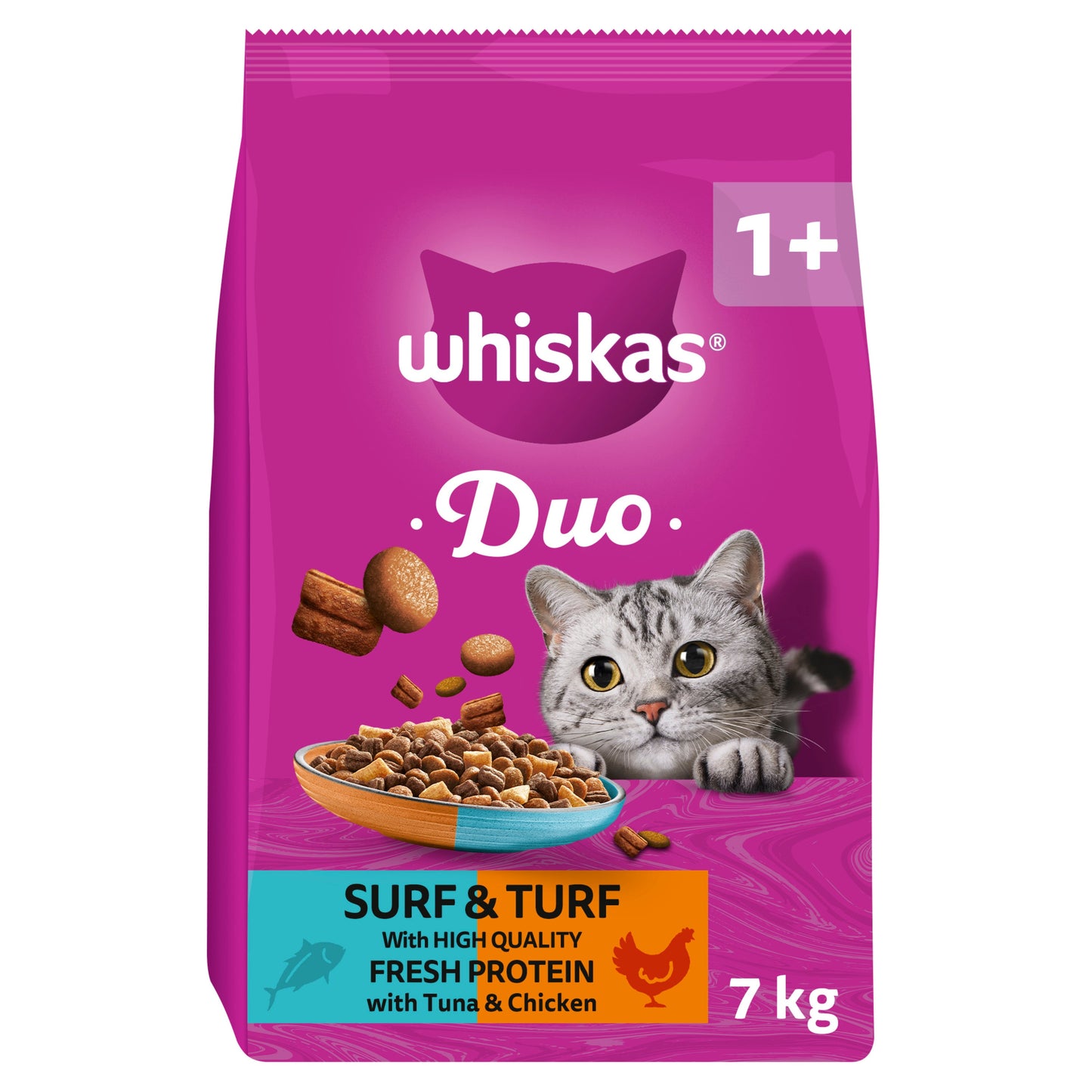 WHISKAS 1+ Complete Duo Surf & Turf Dry Cat Food with Tuna & Chicken