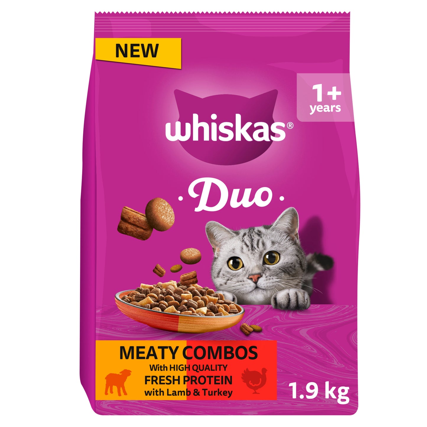 WHISKAS 1+ Complete Duo Meaty Combos Dry Cat Food with Lamb & Turkey