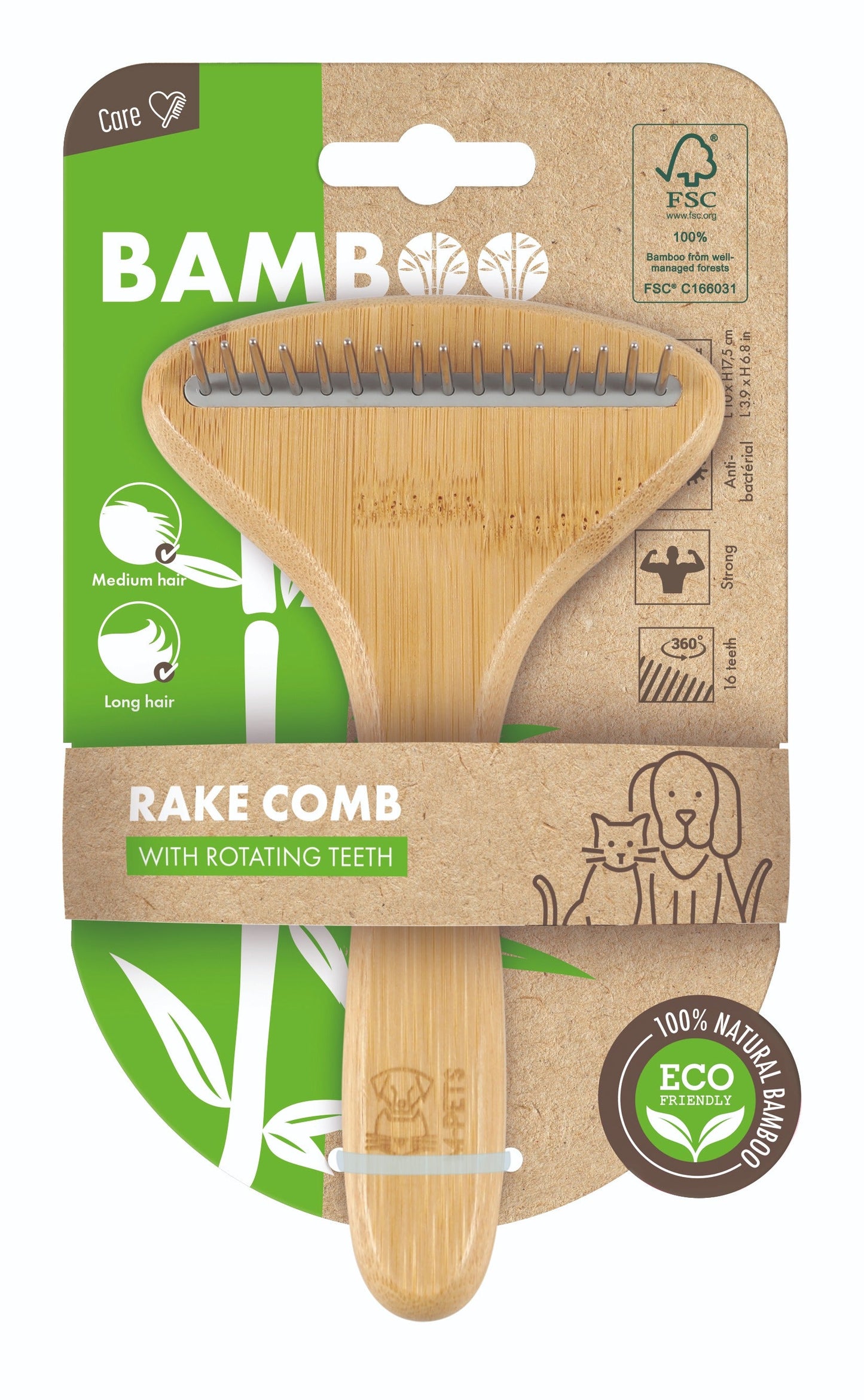 M-Pets Bamboo Rake Comb with Rotating Teeth for Dogs & Cats