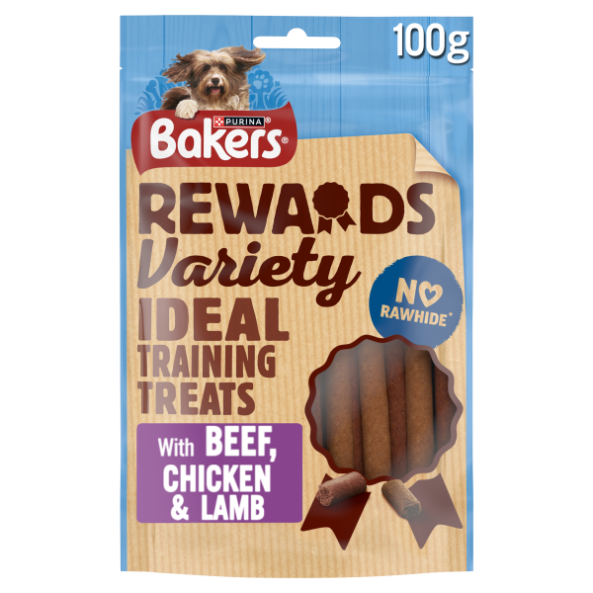 Front View of Bakers Rewards Mixed Variety Dog Treats with Beef, Chicken & Lamb - 100g