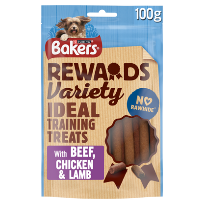 Front View of Bakers Rewards Mixed Variety Dog Treats with Beef, Chicken & Lamb - 100g