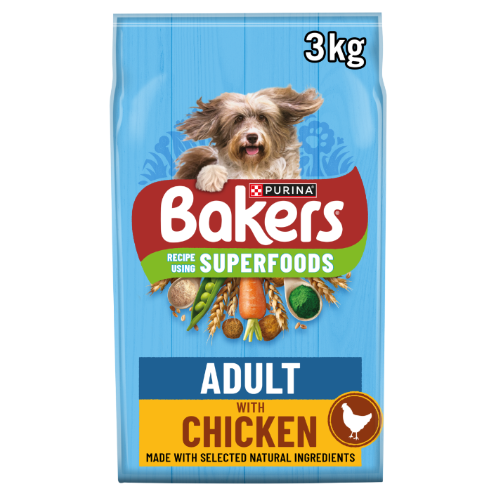 Front View of Bakers Adult Dry Dog Food with Chicken and Vegetable - 3kg & 14kg